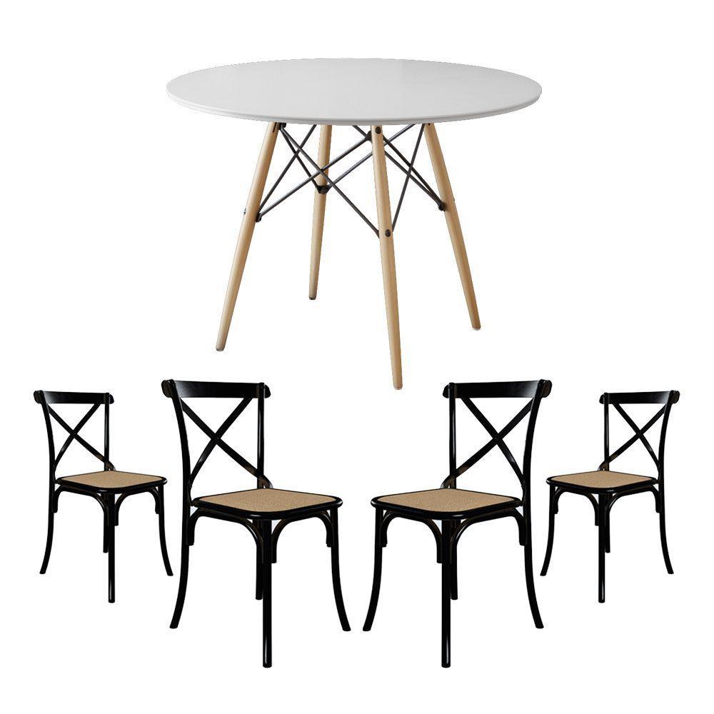 Conjunto De Mesa Eiffel Redondo Tampo De Madeira 110Cm Branco Com 4 Cadeiras Katrina Pretoo B - 1