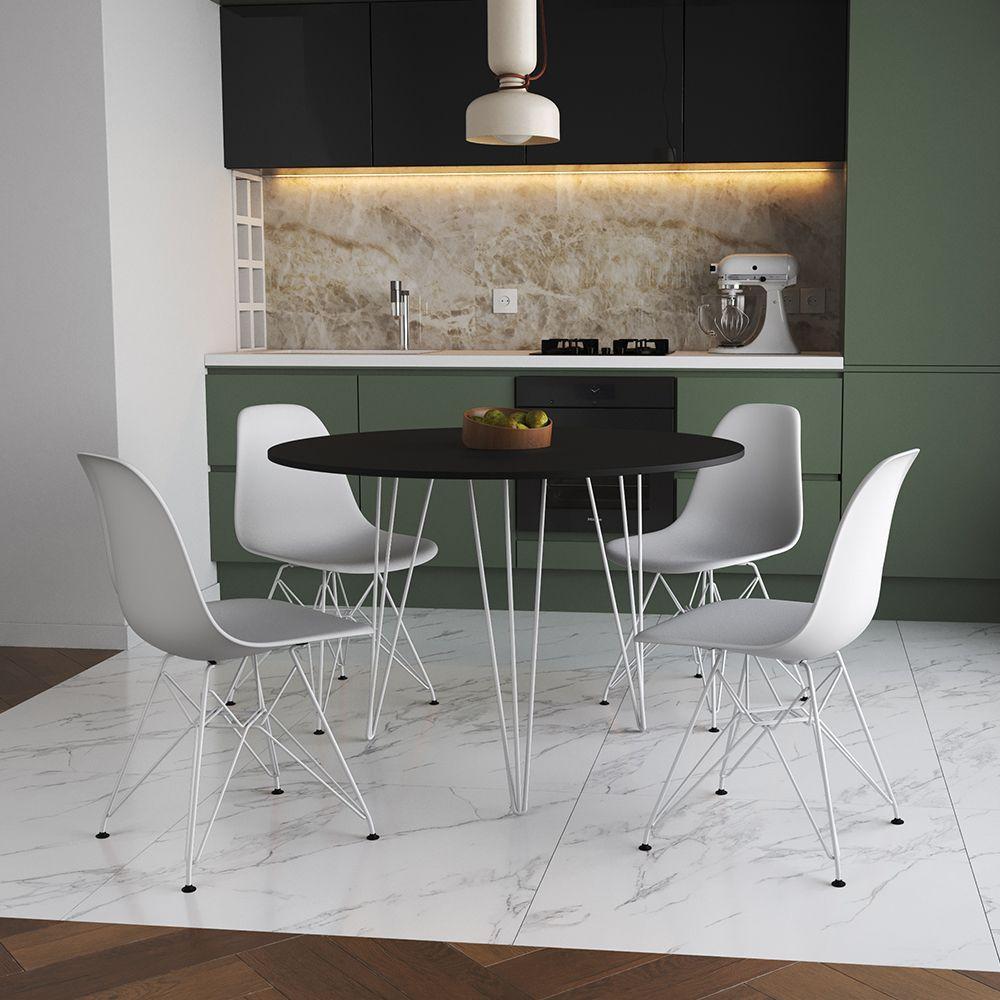 Mesa Jantar Redonda 110Cm Preta Clips 3 Pés Com 4 Cadeiras Brancas Ferro Branco - Cor: Preto - 1