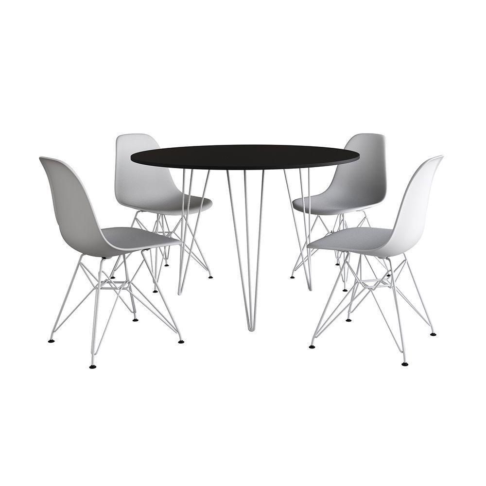Mesa Jantar Redonda 110Cm Preta Clips 3 Pés Com 4 Cadeiras Brancas Ferro Branco - Cor: Preto - 6
