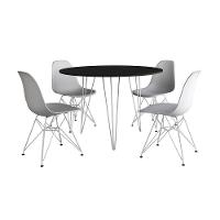 Mesa Jantar Redonda 110Cm Preta Clips 3 Pés Com 4 Cadeiras Brancas Ferro Branco - Cor: Preto - 6