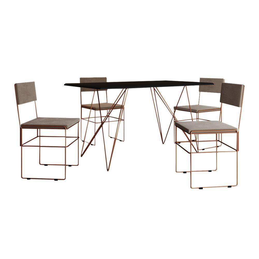 Mesa Jantar Industrial Trama 1,40X0,80M Preta Com 4 Cadeiras Estofadas Vitória Bege E Cobre - 6