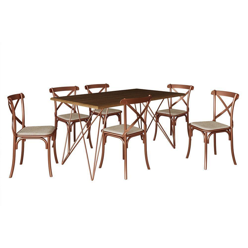 Conjunto Mesa De Jantar 6 Cadeiras Katrina Cobre Trama Premium Cobre E Amêndoa 150 Cm - Preto - 7