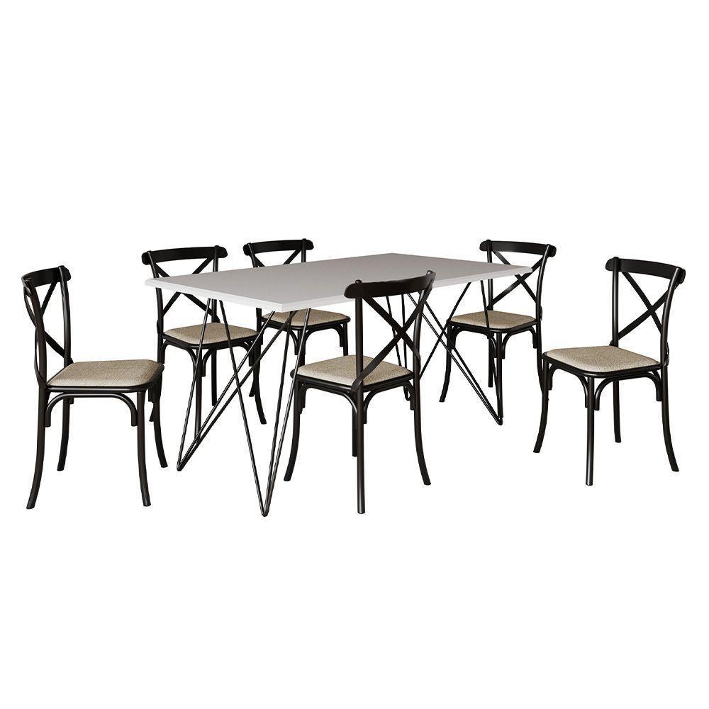 Conjunto Mesa De Jantar 6 Cadeiras Katrina Preto Trama Premium Branco 150 Cm - Cor: Preto - 1