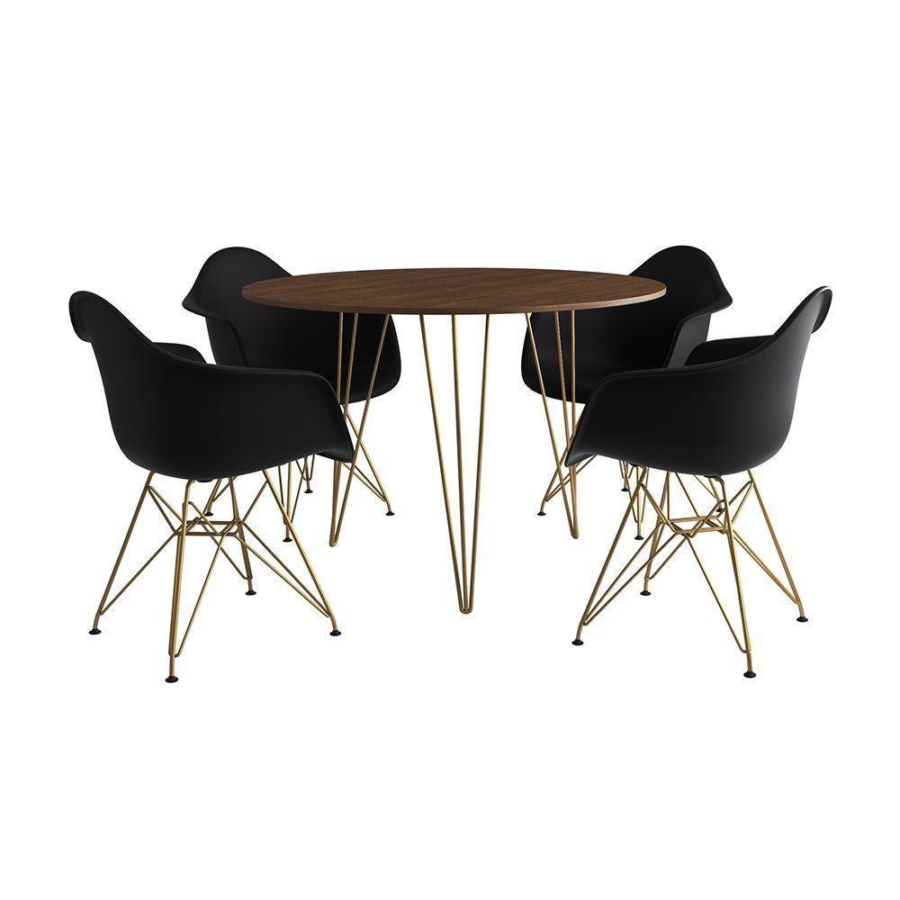Mesa Jantar Redonda 90Cm Amêndoa Clips 3 Pés Com 4 Poltronas Pretas Base Dourado - Cor: Amendoa - 6
