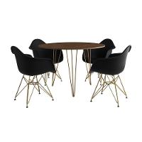 Mesa Jantar Redonda 90Cm Amêndoa Clips 3 Pés Com 4 Poltronas Pretas Base Dourado - Cor: Amendoa - 16