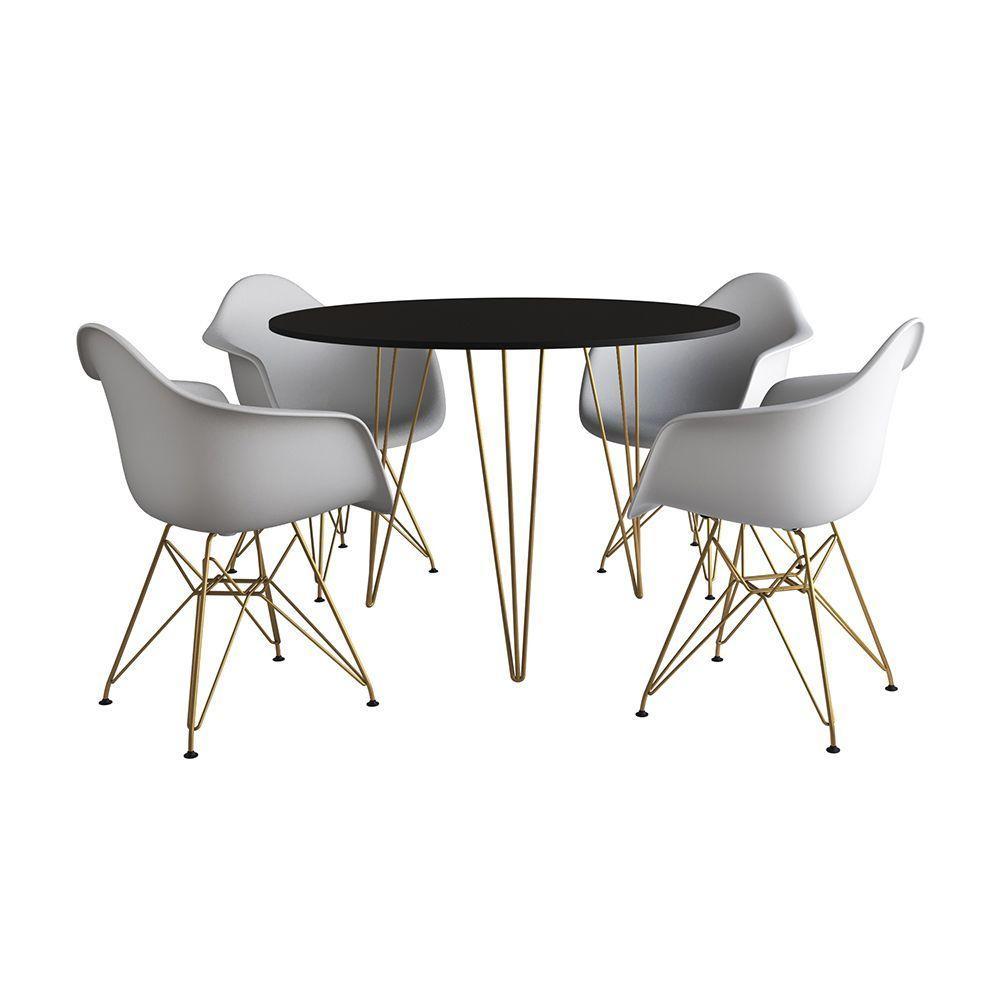 Mesa Jantar Redonda 90Cm Preta Clips 3 Pés Com 4 Poltronas Brancas Base Dourado - Cor: Preto - 6