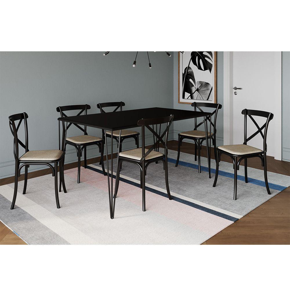 Conjunto Mesa De Jantar Elen Com 6 Cadeiras Katrina Base E Tampo Preto 150Cm - Preto - 1