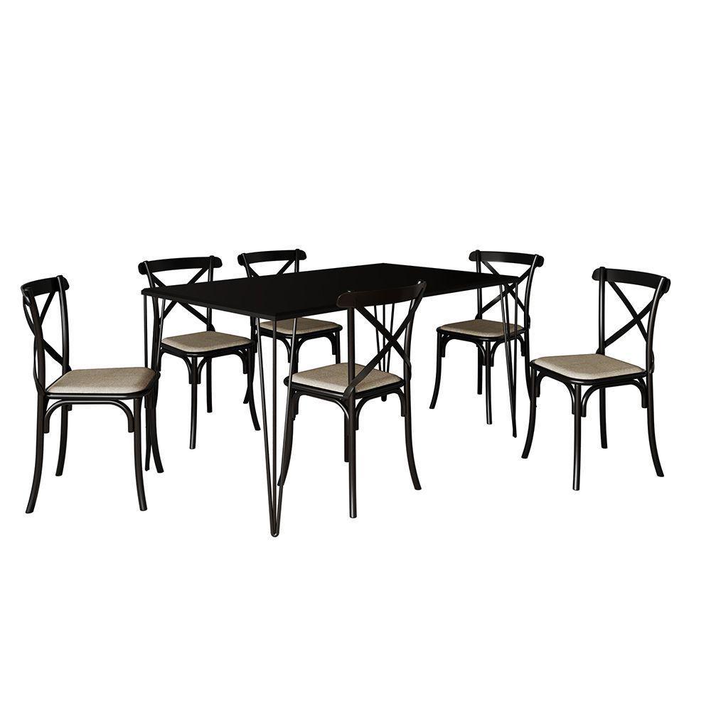 Conjunto Mesa De Jantar Elen Com 6 Cadeiras Katrina Base E Tampo Preto 150Cm - Preto - 6