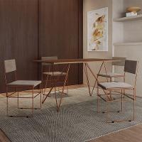 Mesa Jantar Industrial Trama 1,40X0,80M Amêndoa Com 4 Cadeiras Estofadas Vitória Bege E Cobre - 1