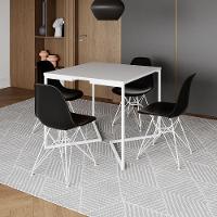 Mesa Industrial Quadrada Jantar Branca 90Cm Base V Com 4 Cadeiras Pretas Ferro Branco Cor: Branco - 1