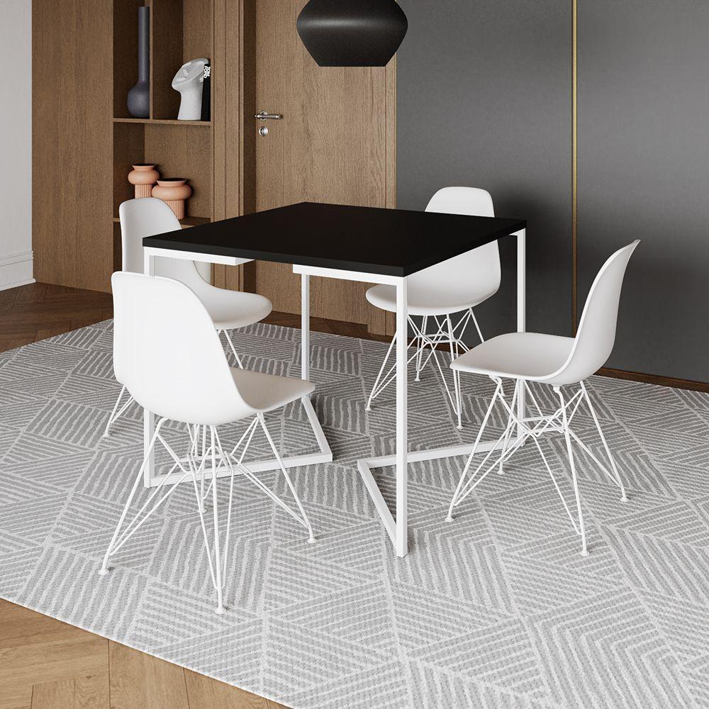 Mesa Industrial Quadrada Jantar Preta 90Cm Base V Com 4 Cadeiras Brancas Ferro Branco Cor: Preto - 1