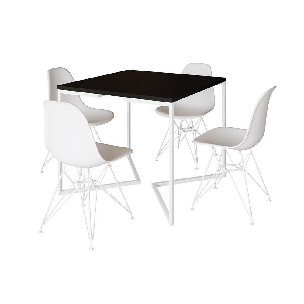Mesa Industrial Quadrada Jantar Preta 90Cm Base V Com 4 Cadeiras Brancas Ferro Branco Cor: Preto - 6