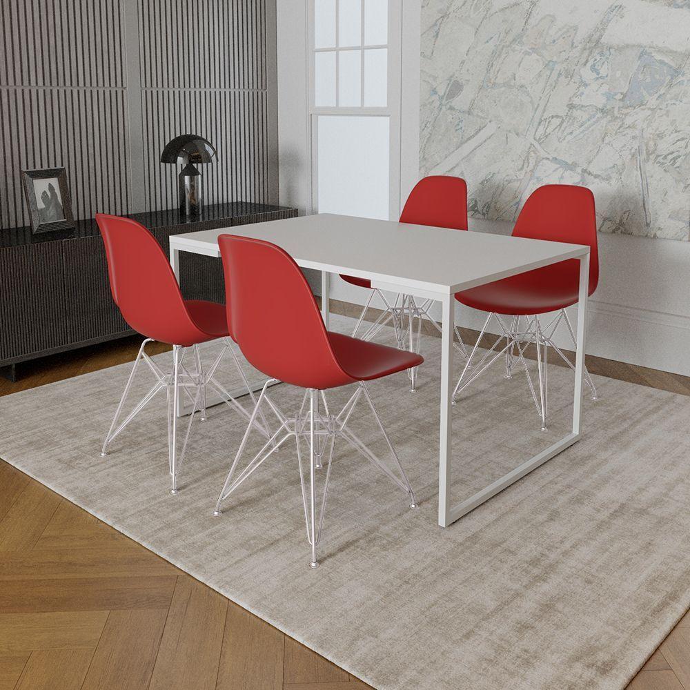 Mesa Industrial Base Ferro Branco Tampo 137X90 Branco 4 Cadeiras Ferro Branco Assento Vermelho - 1