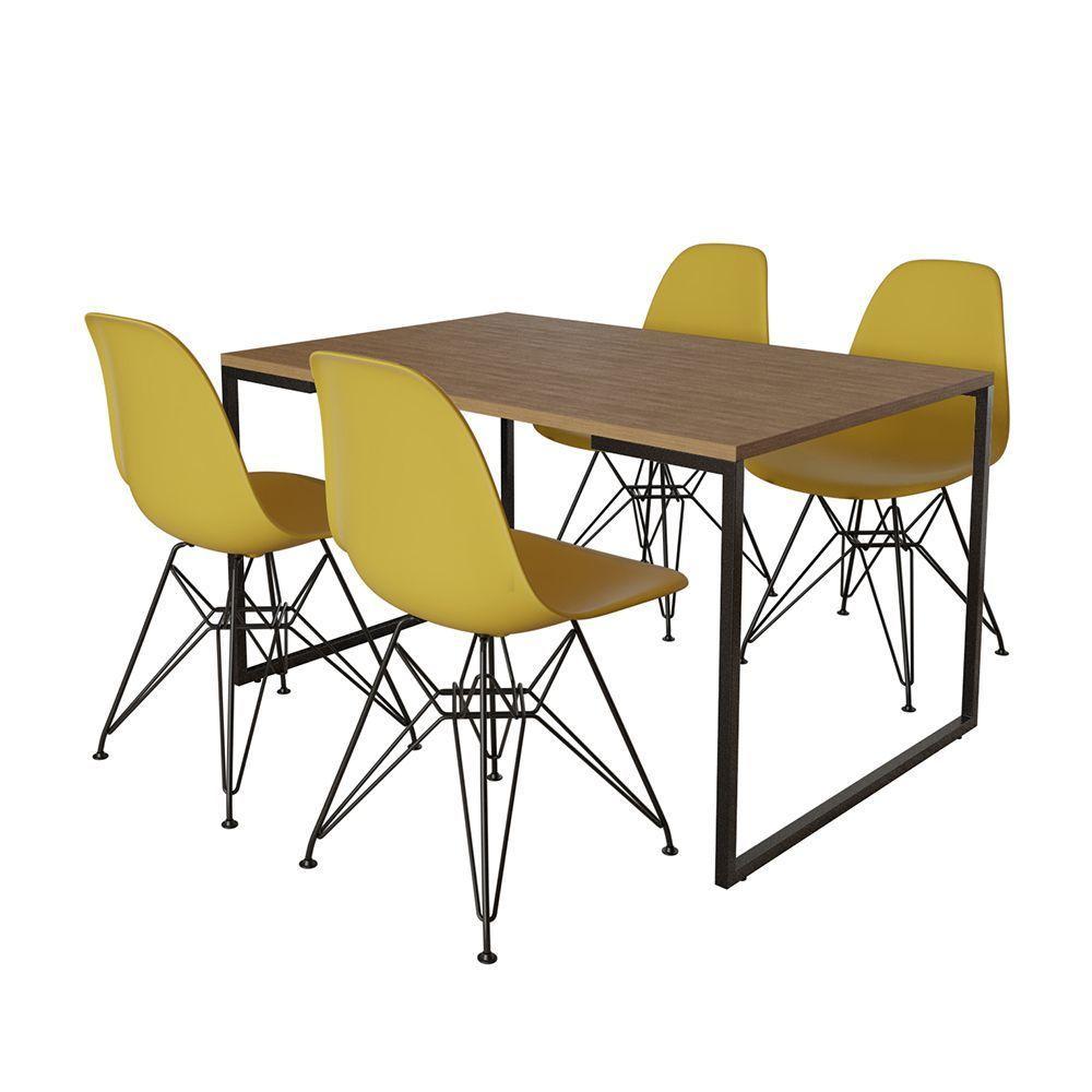Mesa Industrial Base Ferro Preto Tampo 137X90 Amêndoa 4 Cadeiras Ferro Preto Assento Amarelo Marrom - 6