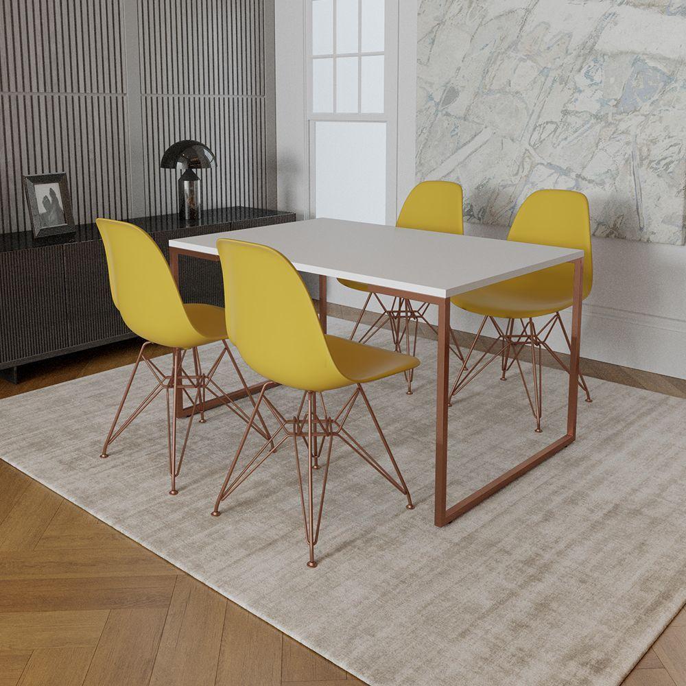 Mesa Industrial Base Ferro Cobre Tampo 137X90 Branco 4 Cadeiras Ferro Cobre Assento Amarelo Branco - 1