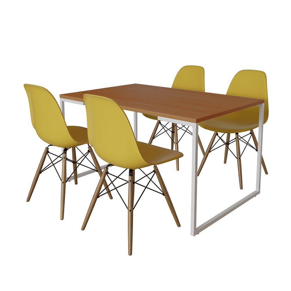 Mesa Industrial Base Ferro Branco Tampo 137X90 Canela 4 Cadeiras Madeira Assento Amarelo Marrom - 6