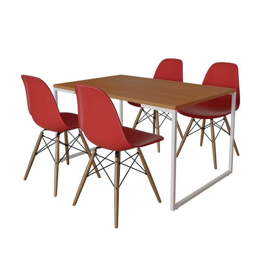Mesa Industrial Base Ferro Branco Tampo 137X90 Canela 4 Cadeiras Madeira Assento Vermelho Marrom - 6