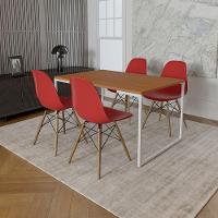 Mesa Industrial Base Ferro Branco Tampo 137X90 Canela 4 Cadeiras Madeira Assento Vermelho Marrom
