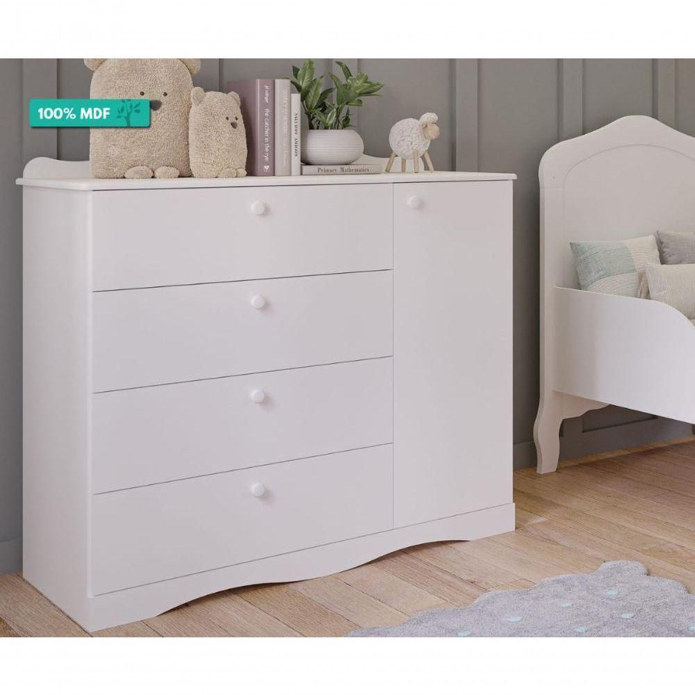 Cômoda Infantil 100% Mdf 1 Porta 4 Gavetas Encanto Permobili Branco Branco - 4
