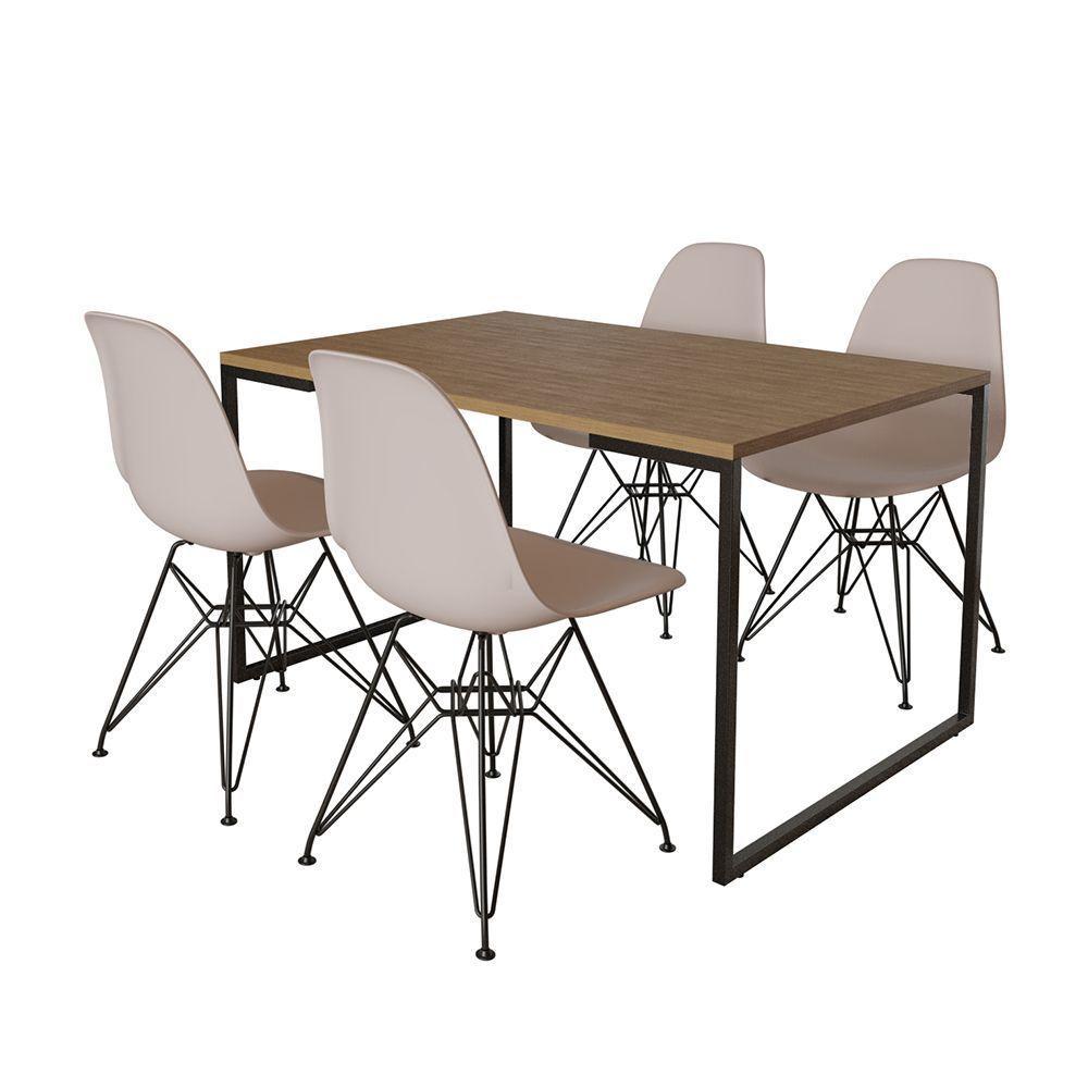 Mesa Industrial Base Ferro Preto Tampo 137X90 Amêndoa 4 Cadeiras Ferro Preto Assento Branco Marrom - 6