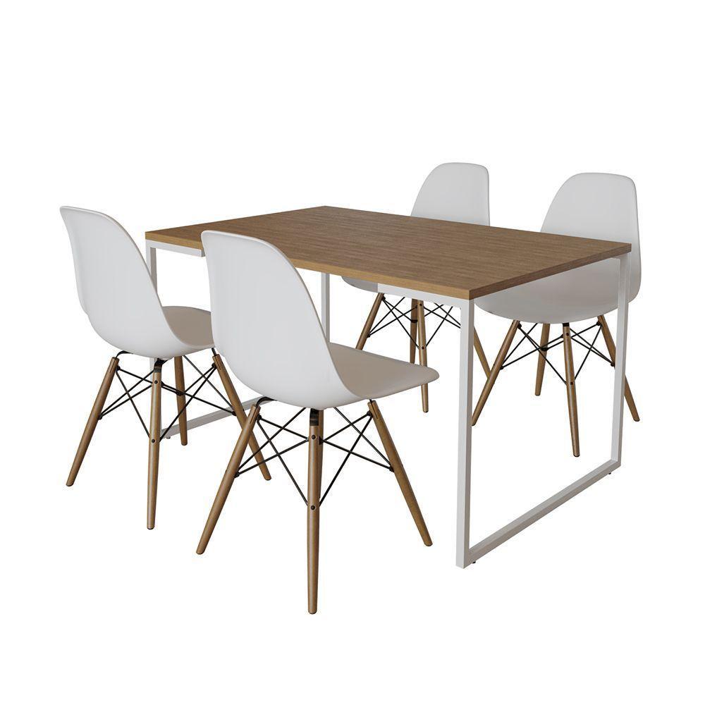 Mesa Industrial Base Ferro Branco Tampo 137X90 Amêndoa 4 Cadeiras Madeira Assento Branco Marrom - 6