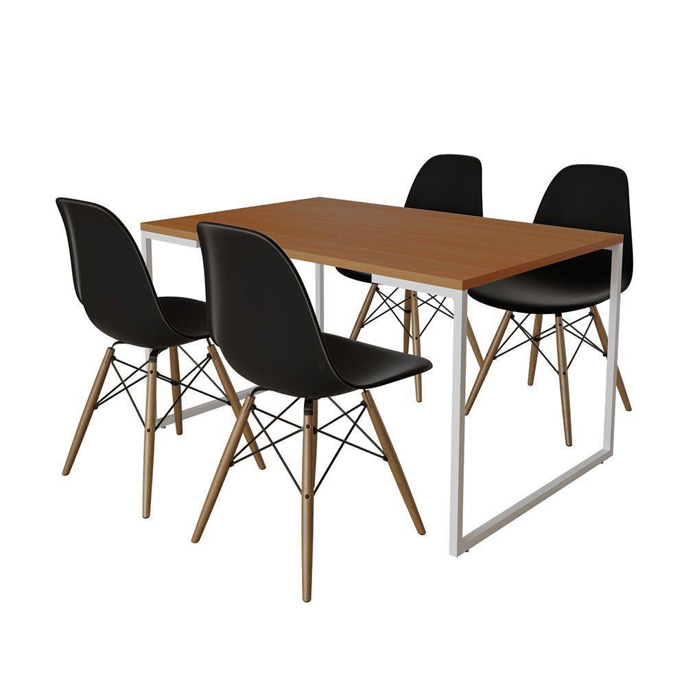 Mesa Industrial Base Ferro Branco Tampo 137X90 Canela 4 Cadeiras Madeira Assento Preto Marrom - 6
