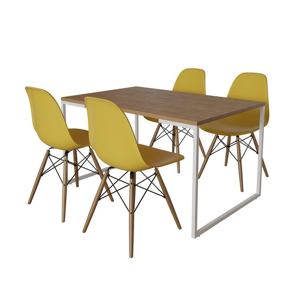 Mesa Industrial Base Ferro Branco Tampo 137X90 Amêndoa 4 Cadeiras Madeira Assento Amarelo Marrom - 6