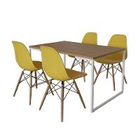 Mesa Industrial Base Ferro Branco Tampo 137X90 Amêndoa 4 Cadeiras Madeira Assento Amarelo Marrom - 6