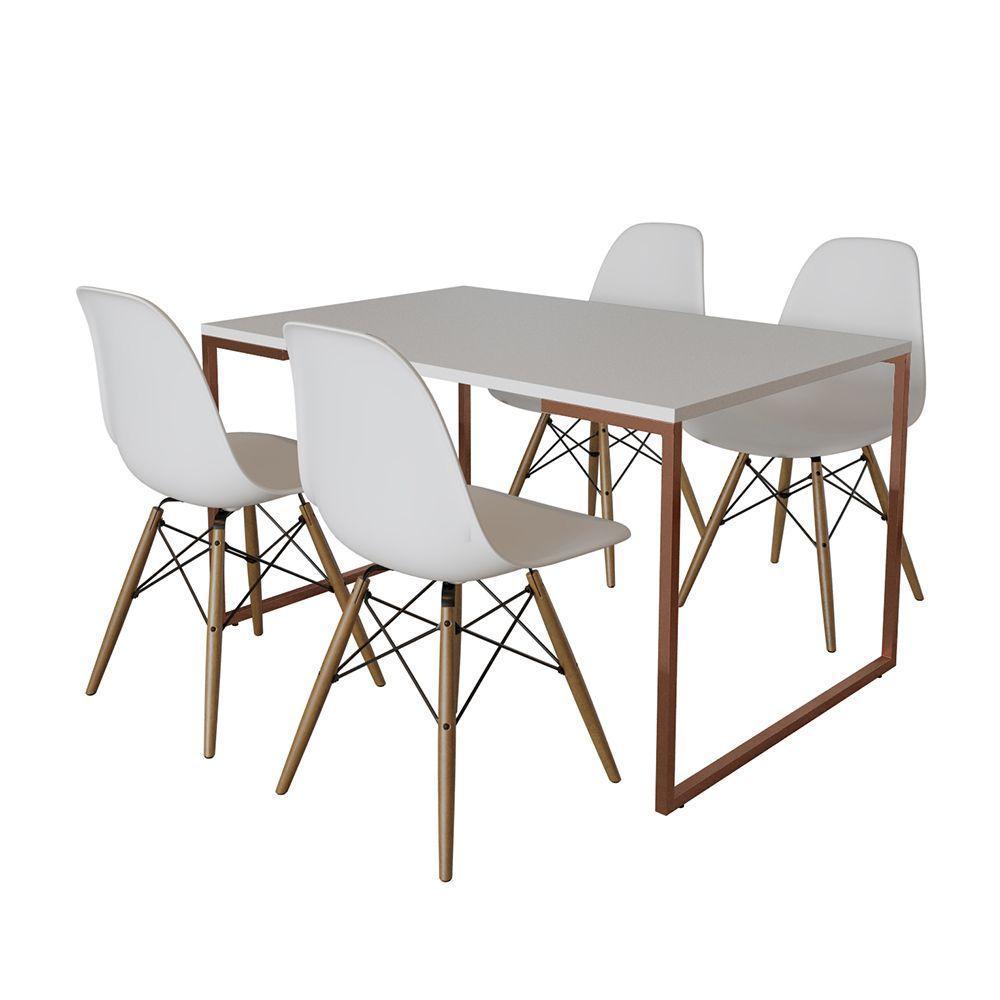 Mesa Industrial Base Ferro Cobre Tampo 137X90 Branco 4 Cadeiras Madeira Assento Branco Branco - 6