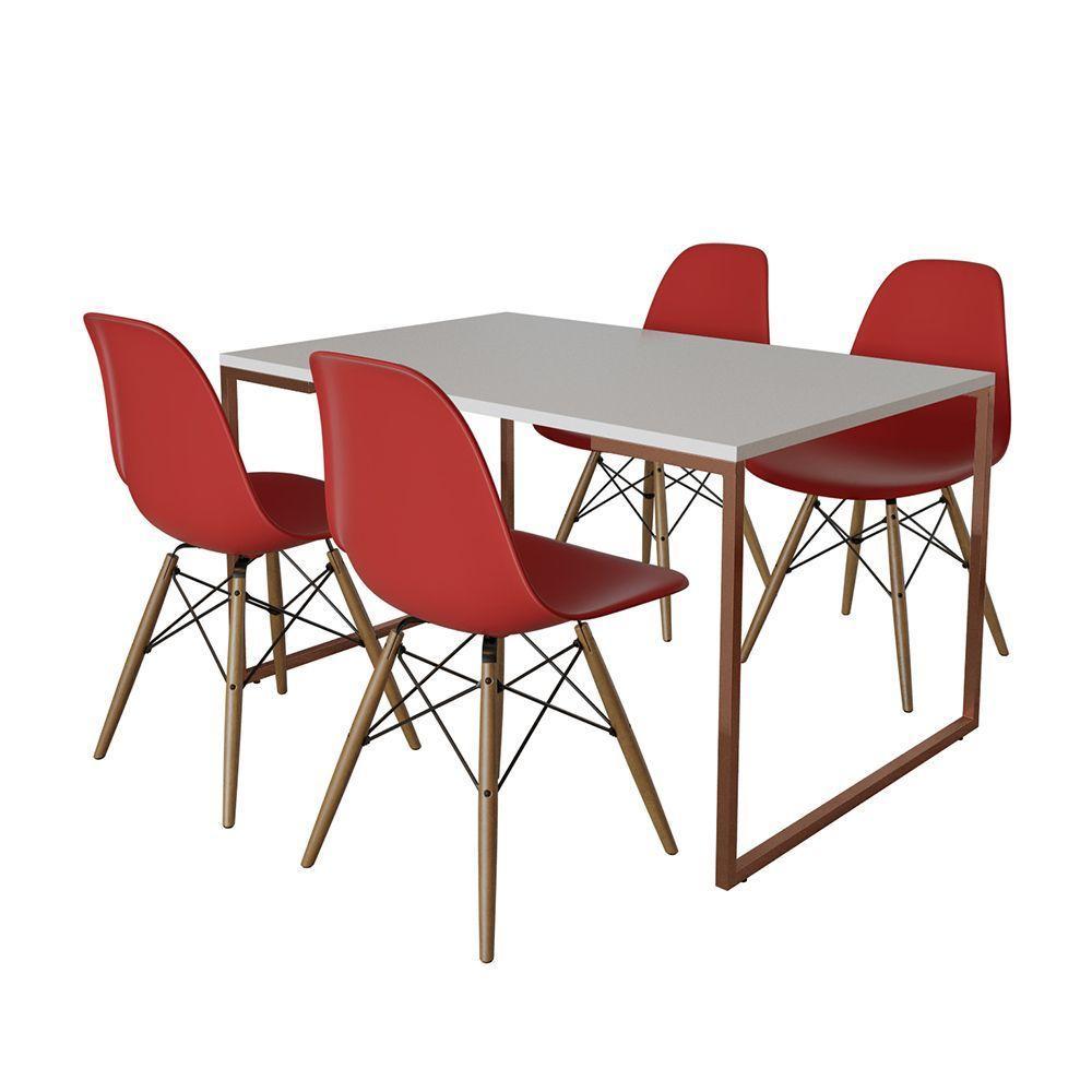 Mesa Industrial Base Ferro Cobre Tampo 137X90 Branco 4 Cadeiras Madeira Assento Vermelho Branco - 6