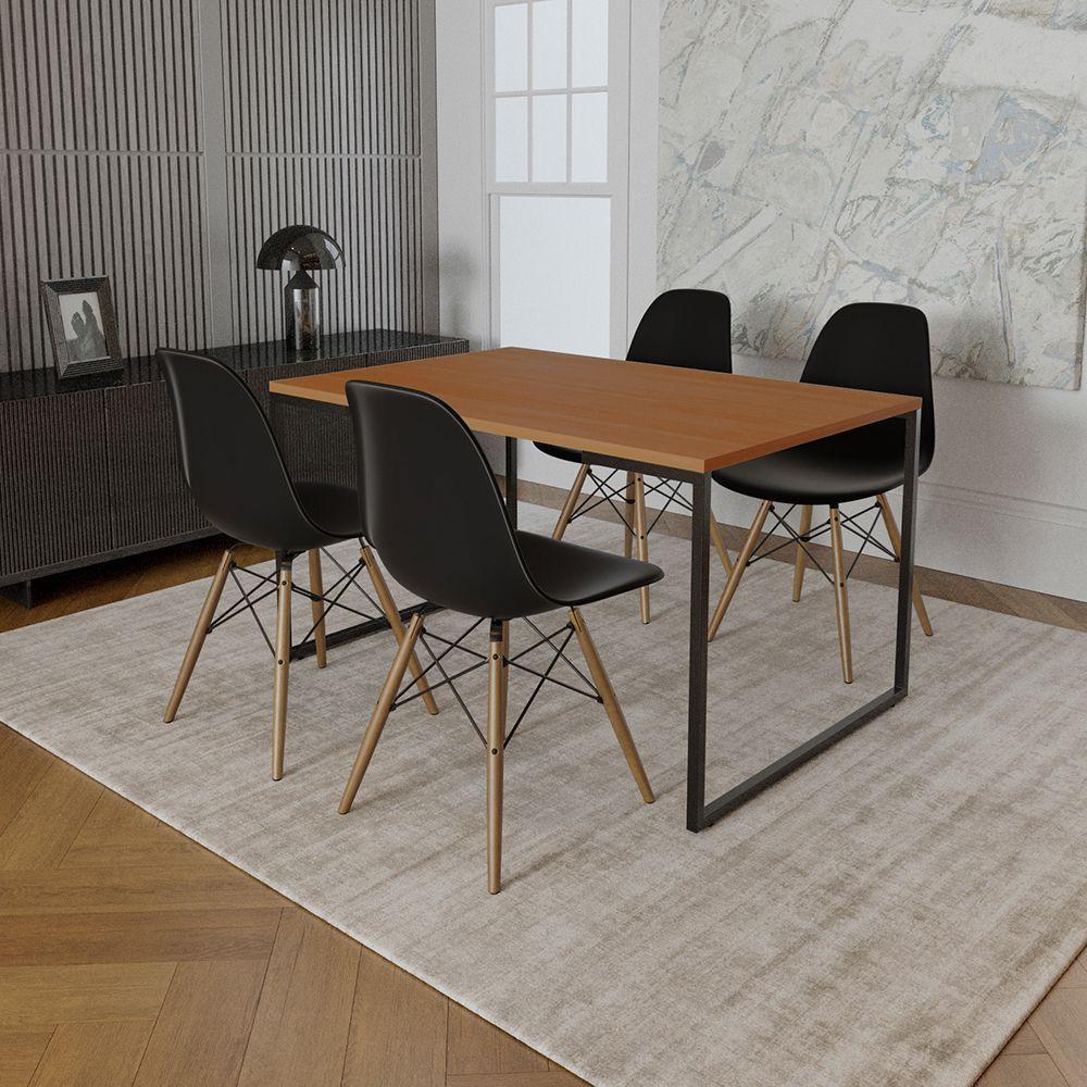 Mesa Industrial Base De Ferro Preto Tampo 137X90 Canela 4 Cadeiras Madeira Assento Preto Marrom - 1