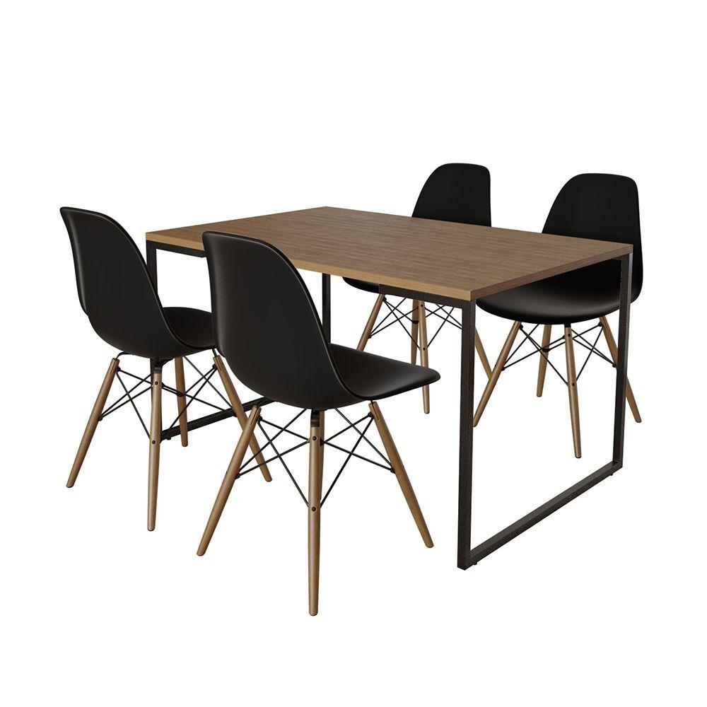 Mesa Industrial Base De Ferro Preto Tampo 137X90 Amêndoa 4 Cadeiras Madeira Assento Preto Marrom - 7