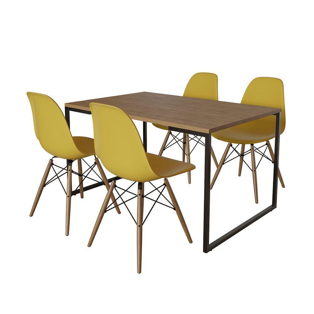 Mesa Industrial Base De Ferro Preto Tampo 137X90 Amêndoa 4 Cadeiras Madeira Assento Amarelo Marrom - 6