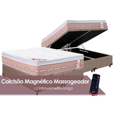 Cama Box Baú Queen: Colchão Espuma Castor Vibro Massagem Magnético Premium + Base CRC Courano Clean(158x198)