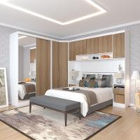Quarto De Canto Casal Com Guarda Roupas Com Espelho E Mesas De Cabeceira Alpes Luciane Móveis Branco Pf Com Avelã Pf - 1