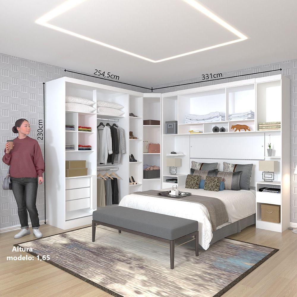 Quarto De Canto Casal Com Guarda Roupas Com Espelho E Mesas De Cabeceira Alpes Luciane Móveis Branco Pf Com Branco Pf - 5