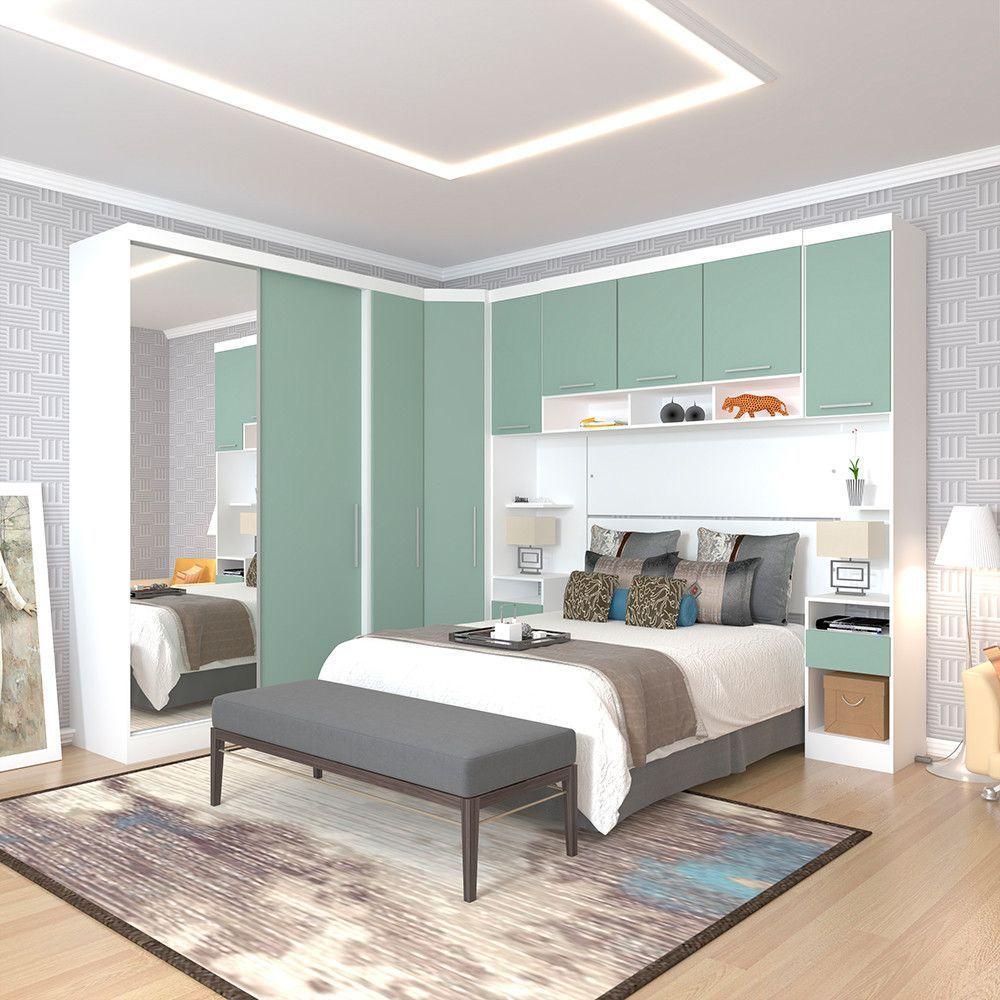 Quarto De Canto Casal Com Guarda Roupas Com Espelho E Mesas De Cabeceira Alpes Luciane Móveis Branco Pf Com Verde Pf - 1