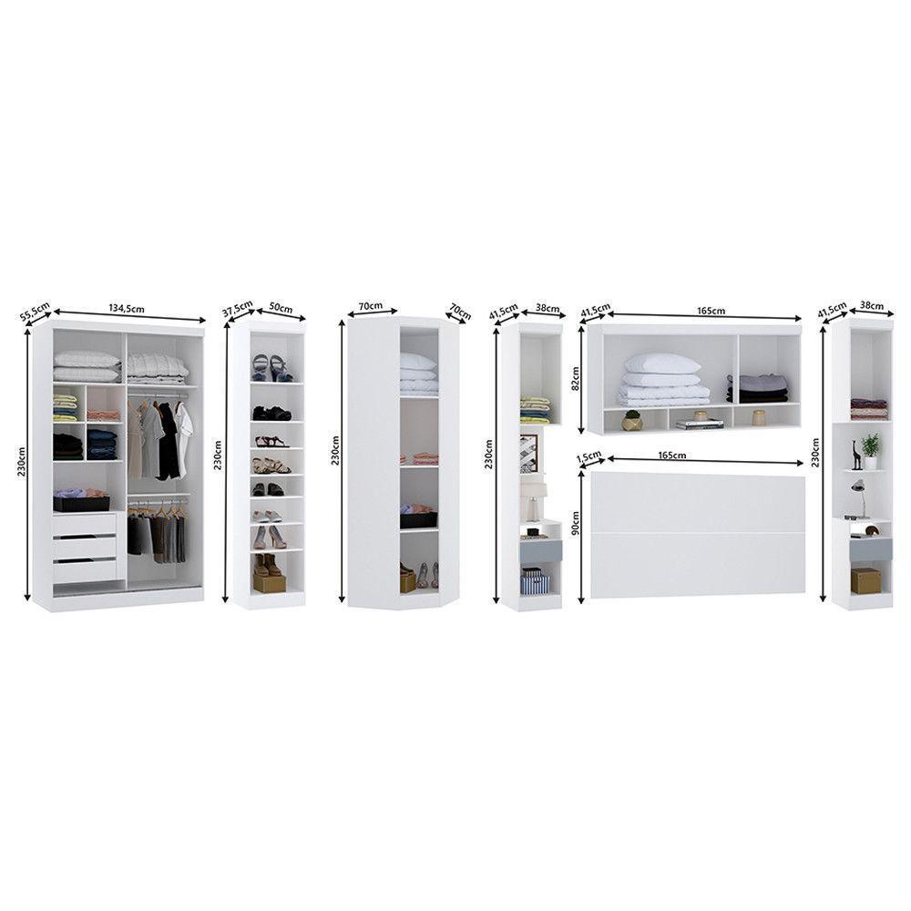 Quarto De Canto Casal Com Guarda Roupas Com Espelho E Mesas De Cabeceira Alpes Luciane Móveis Branco Pf Com Grey Sky Pf - 4
