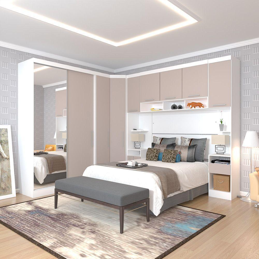 Quarto De Canto Casal Com Guarda Roupas Com Espelho E Mesas De Cabeceira Alpes Luciane Móveis Branco Pf Com Cinammon Pf - 1