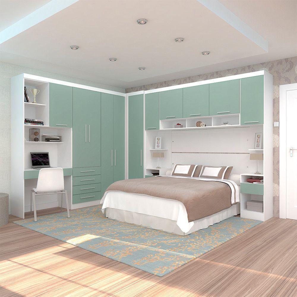 Quarto De Canto Casal Com Guarda Roupas Cabeceira E Bancada Home Office Alpes Luciane Móveis Branco Pf Com Verde Pf - 1