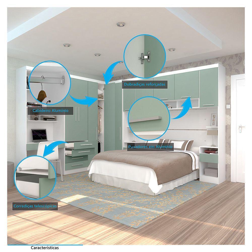 Quarto De Canto Casal Com Guarda Roupas Cabeceira E Bancada Home Office Alpes Luciane Móveis Branco Pf Com Verde Pf - 3