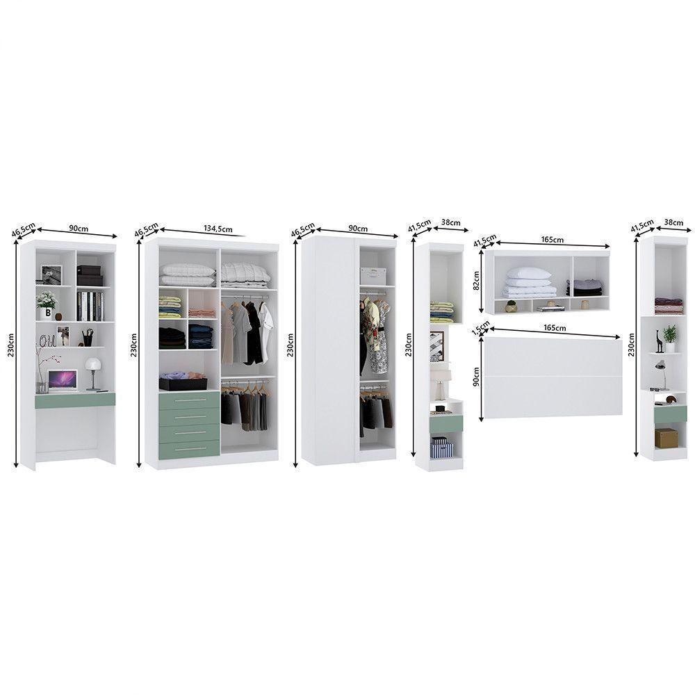Quarto De Canto Casal Com Guarda Roupas Cabeceira E Bancada Home Office Alpes Luciane Móveis Branco Pf Com Verde Pf - 4