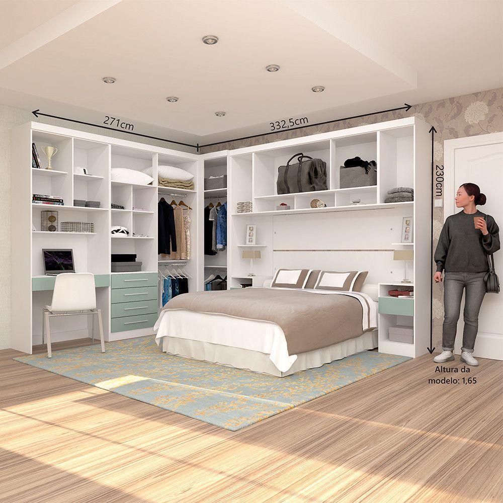 Quarto De Canto Casal Com Guarda Roupas Cabeceira E Bancada Home Office Alpes Luciane Móveis Branco Pf Com Verde Pf - 5