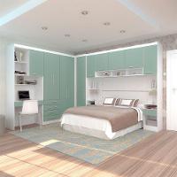 Quarto De Canto Casal Com Guarda Roupas Cabeceira E Bancada Home Office Alpes Luciane Móveis Branco Pf Com Verde Pf - 1