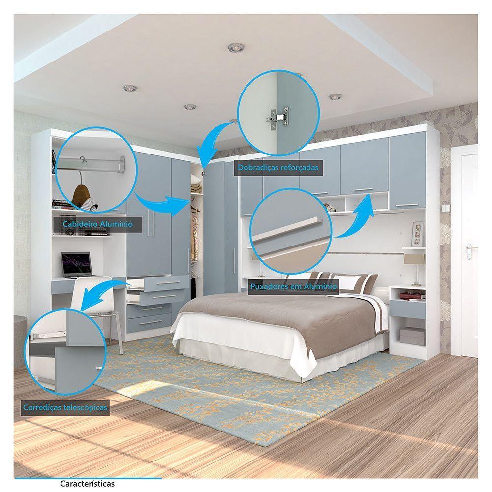 Quarto De Canto Casal Com Guarda Roupas Cabeceira E Bancada Home Office Alpes Luciane Móveis Branco Pf Com Grey Sky Pf - 3