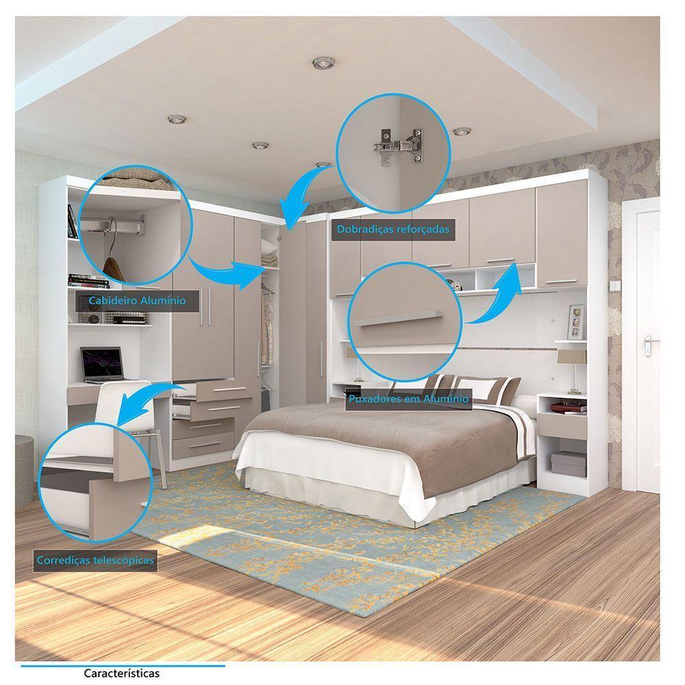 Quarto De Canto Casal Com Guarda Roupas Cabeceira E Bancada Home Office Alpes Luciane Móveis Branco Pf Com Cinammon Pf - 3