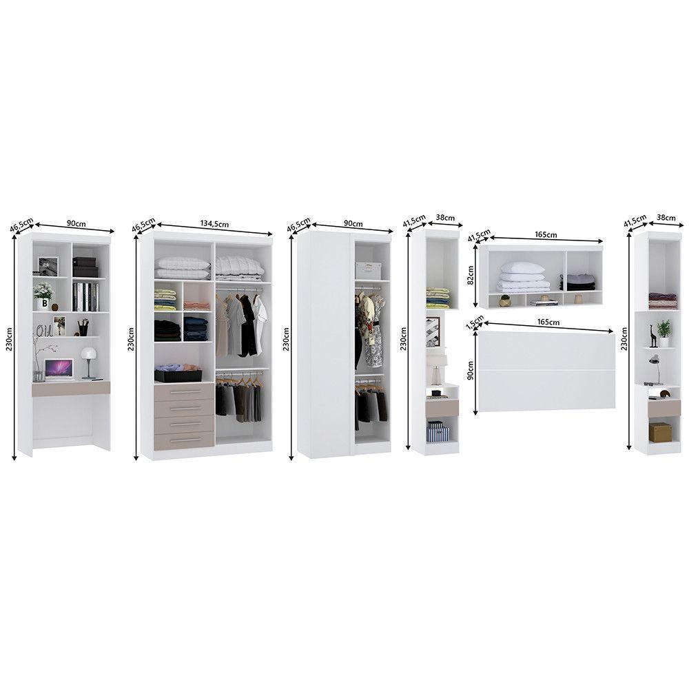 Quarto De Canto Casal Com Guarda Roupas Cabeceira E Bancada Home Office Alpes Luciane Móveis Branco Pf Com Cinammon Pf - 4