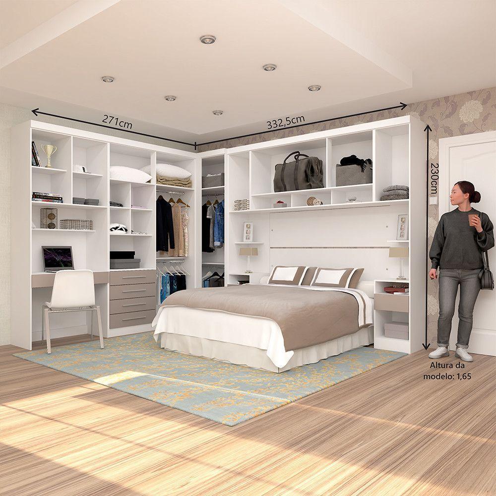 Quarto De Canto Casal Com Guarda Roupas Cabeceira E Bancada Home Office Alpes Luciane Móveis Branco Pf Com Cinammon Pf - 5