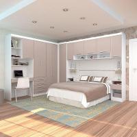 Quarto De Canto Casal Com Guarda Roupas Cabeceira E Bancada Home Office Alpes Luciane Móveis Branco Pf Com Cinammon Pf - 1