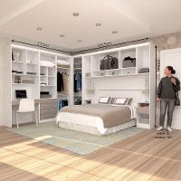 Quarto De Canto Casal Com Guarda Roupas Cabeceira E Bancada Home Office Alpes Luciane Móveis Branco Pf Com Cinammon Pf - 5